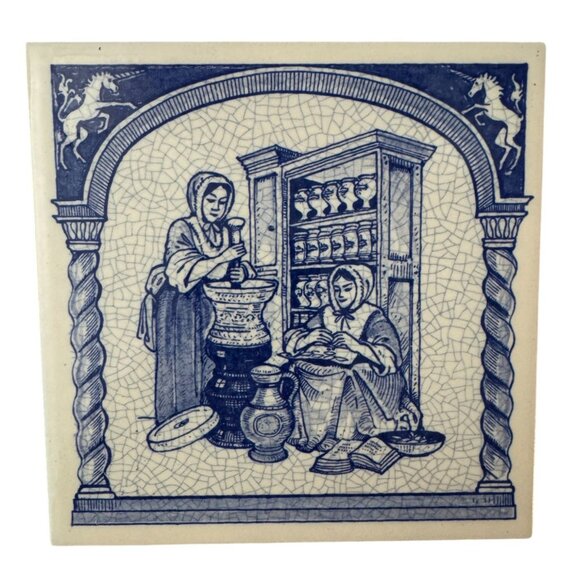Delft Blue Handmade Ceramic Tile With Apothecary Scene - Picture 1 of 3